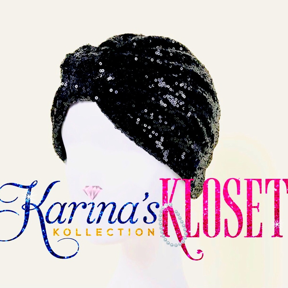 🎉 Sequin Bling Black Fashion Turban Cap Head-wrap